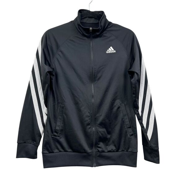 Adidas Women Track Jacket 3 Striped Sleeves Athletic Zip Up Black White Sz‎ M - Picture 1 of 6